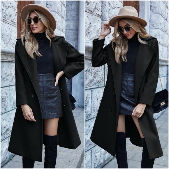 Navy Blue wide collar button double breast trench Coat - Picture 2 of 7